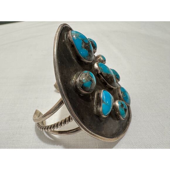 Navajo Villa Grove Turquoise Native American Cuff Bracelet LARGE Silver 60g VTG - Picture 2 of 9